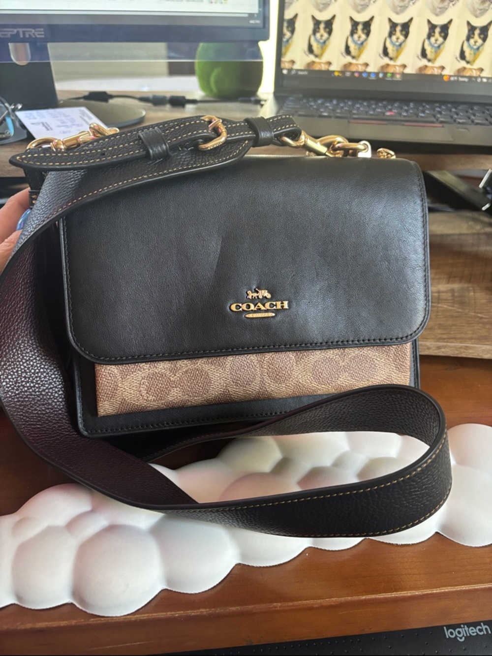 Coach Black Leather and Tan Signature Canvas Shoulder Bag